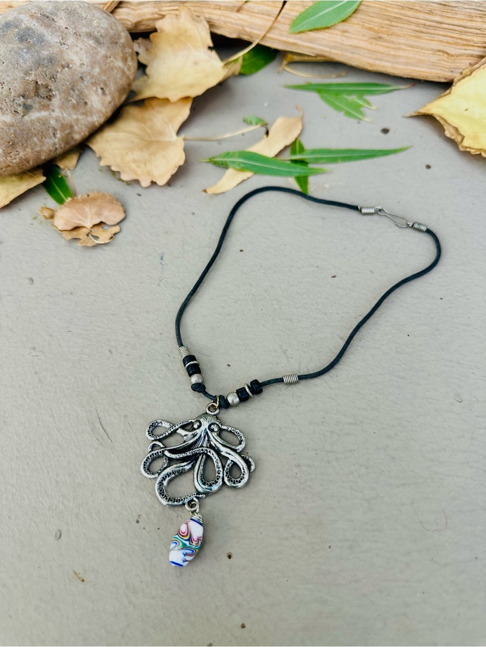 Silver Octopus Pendant Necklace with Multicolor Bead - Women Jewelry